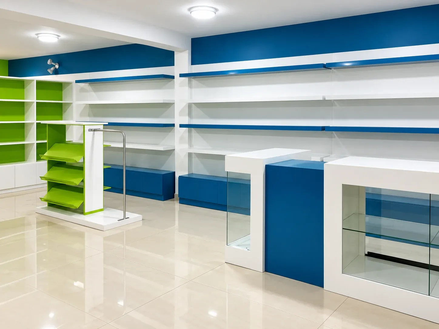 Vista general reconstruida digitalmente de un local con vitrinas y mobiliario comercial azul y verde.