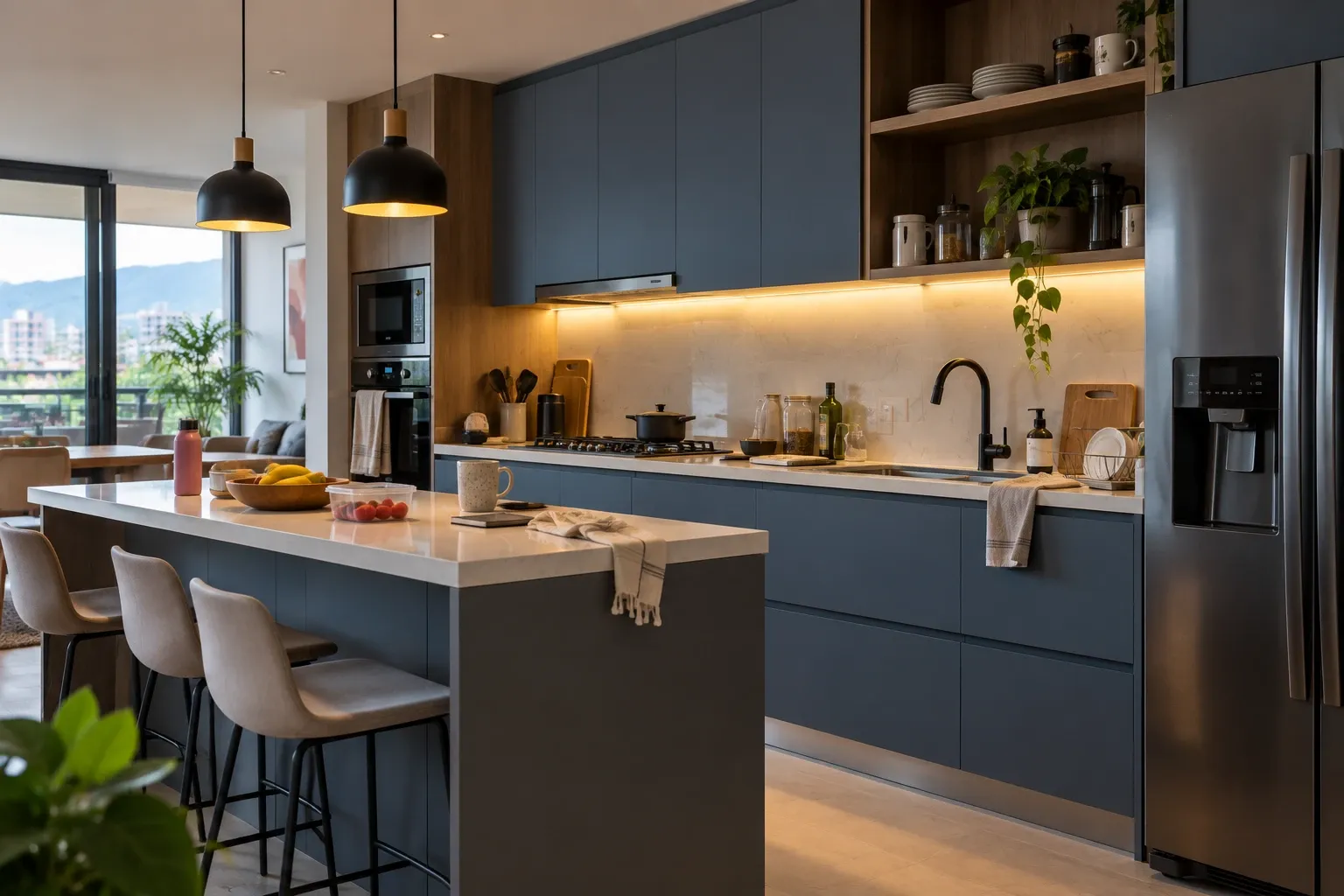 Visualización de cocina con isla central, superficies de trabajo y almacenamiento