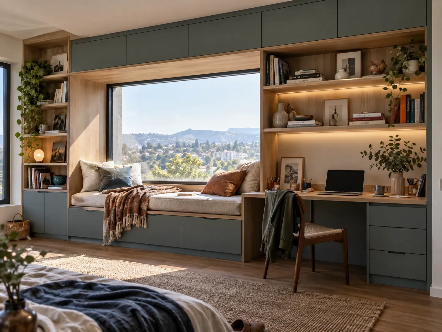 Dormitorio con almacenamiento integrado, banco bajo ventana y escritorio a medida