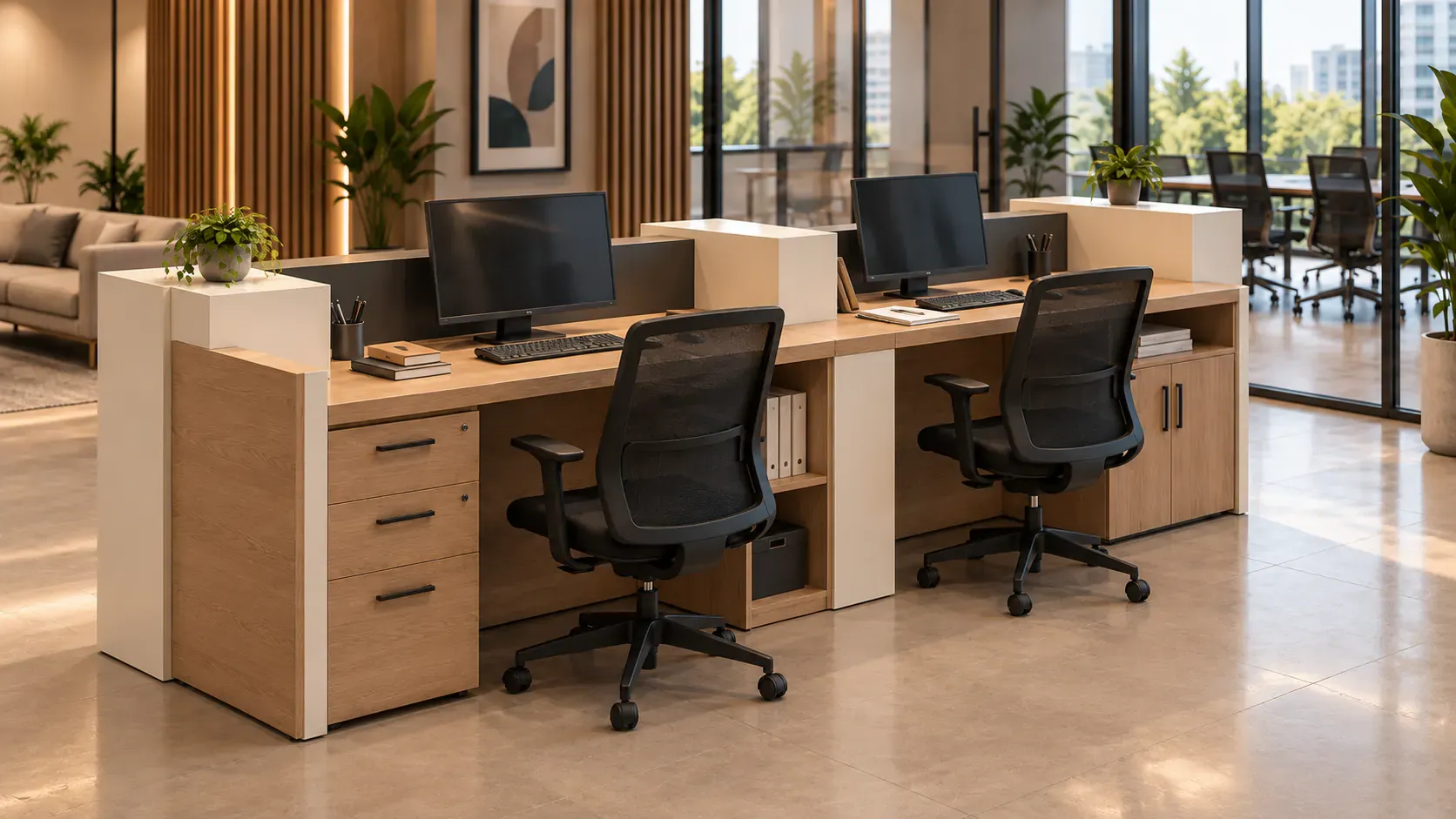 Puestos de trabajo modulares con superficies compartidas y almacenamiento integrado.