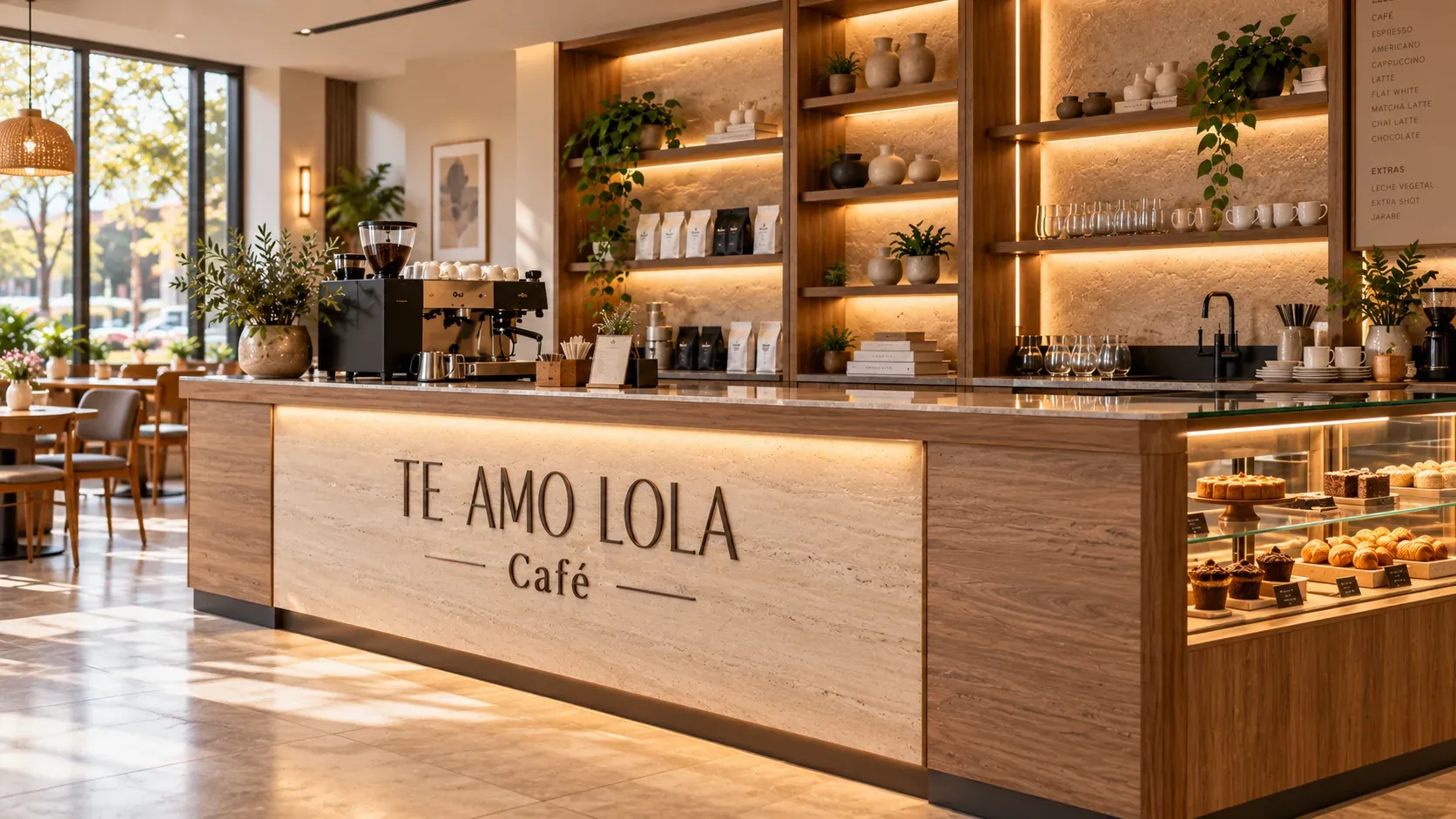 Visualización conceptual de un mostrador comercial para cafetería.