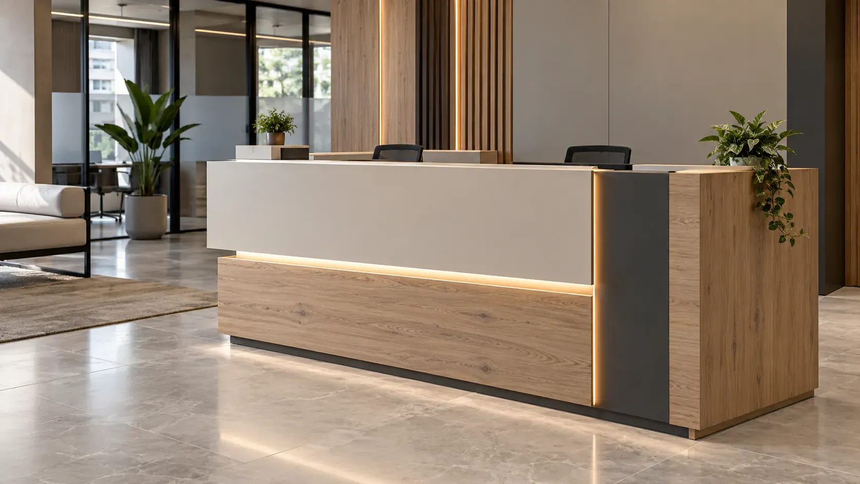 Mostrador de recepción con frente de madera, superficies claras e iluminación integrada.