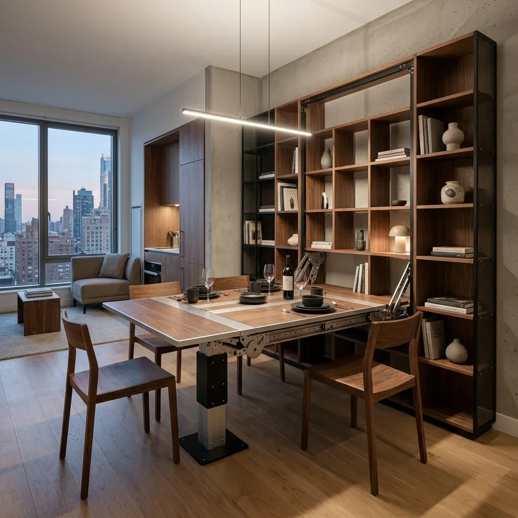 Mueble multifuncional con superficie ajustable en un ambiente residencial