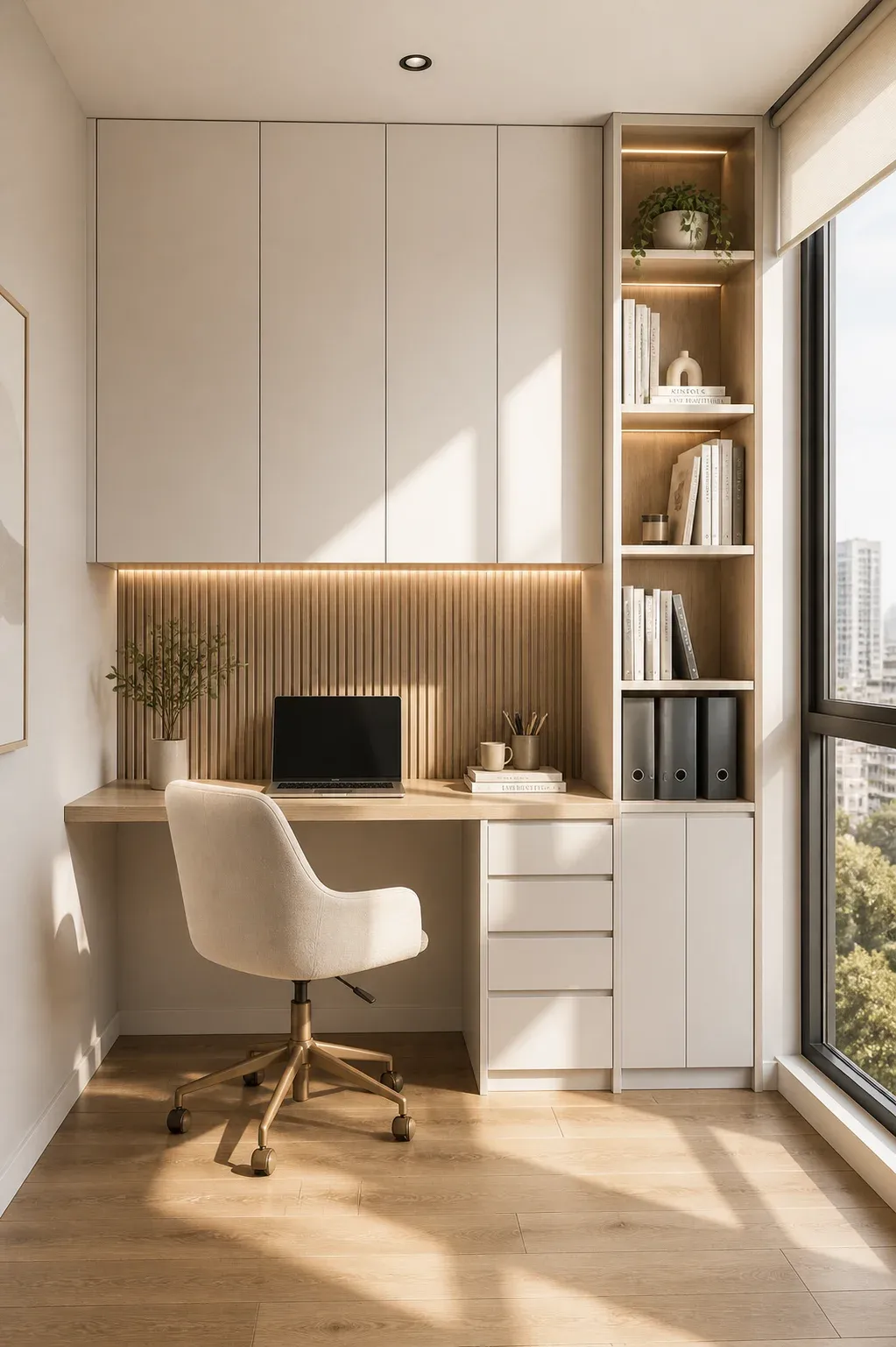 Escritorio minimalista moderno para home office con acabados de alta gama