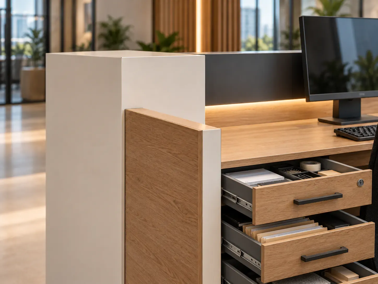 Mueble de recepción con cajones abiertos y compartimientos para organizar documentos y suministros.