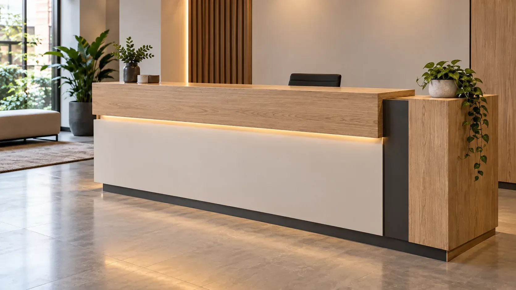 Mostrador de recepción con frente claro, superficie de madera y almacenamiento lateral.