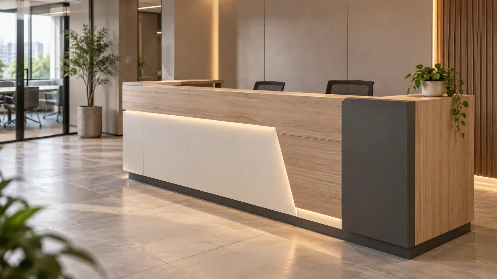 Recepción contemporánea con mostrador de madera, superficie clara e iluminación cálida.